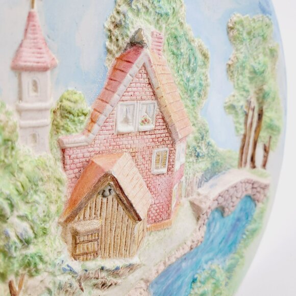Vintage Chalkware Hand-Painted Ceramic 3D Wall Plate Cottage on River & Bridge - Picture 3 of 9
